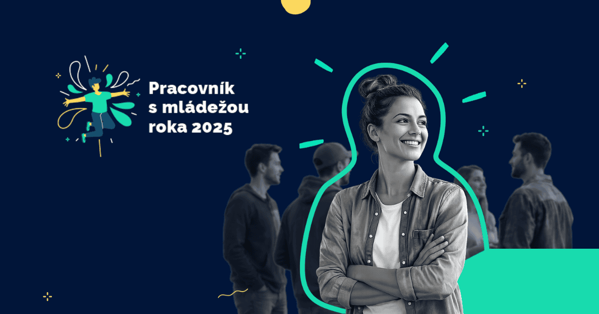 Ilustračný obrázok, v popredí je usmiata mladá žena, v pozadí skupina mladých ľudí. Logo ocenenia